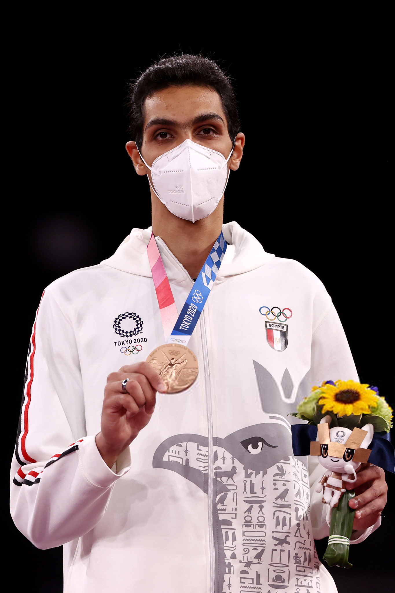 CHIBA, JAPAN - JULY 26: Bronze medalist Seif Eissa of Team Egypt poses with the bronze medal for the Men's -80kg Taekwondo on day three of the Tokyo 2020 Olympic Games at Makuhari Messe Hall on July 26, 2021 in Chiba, Japan. (Photo by Maja Hitij/Getty Images)
