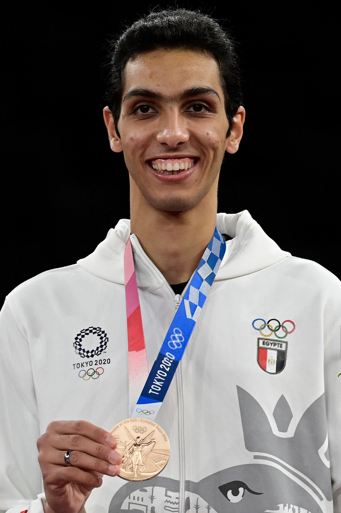 Bronze medalist Egypt's Seif Eissa poses on the podium after the taekwondo men's -80kg bouts during the Tokyo 2020 Olympic Games at the Makuhari Messe Hall in Tokyo on July 26, 2021. (Photo by Javier SORIANO / AFP) (Photo by JAVIER SORIANO/AFP via Getty Images)